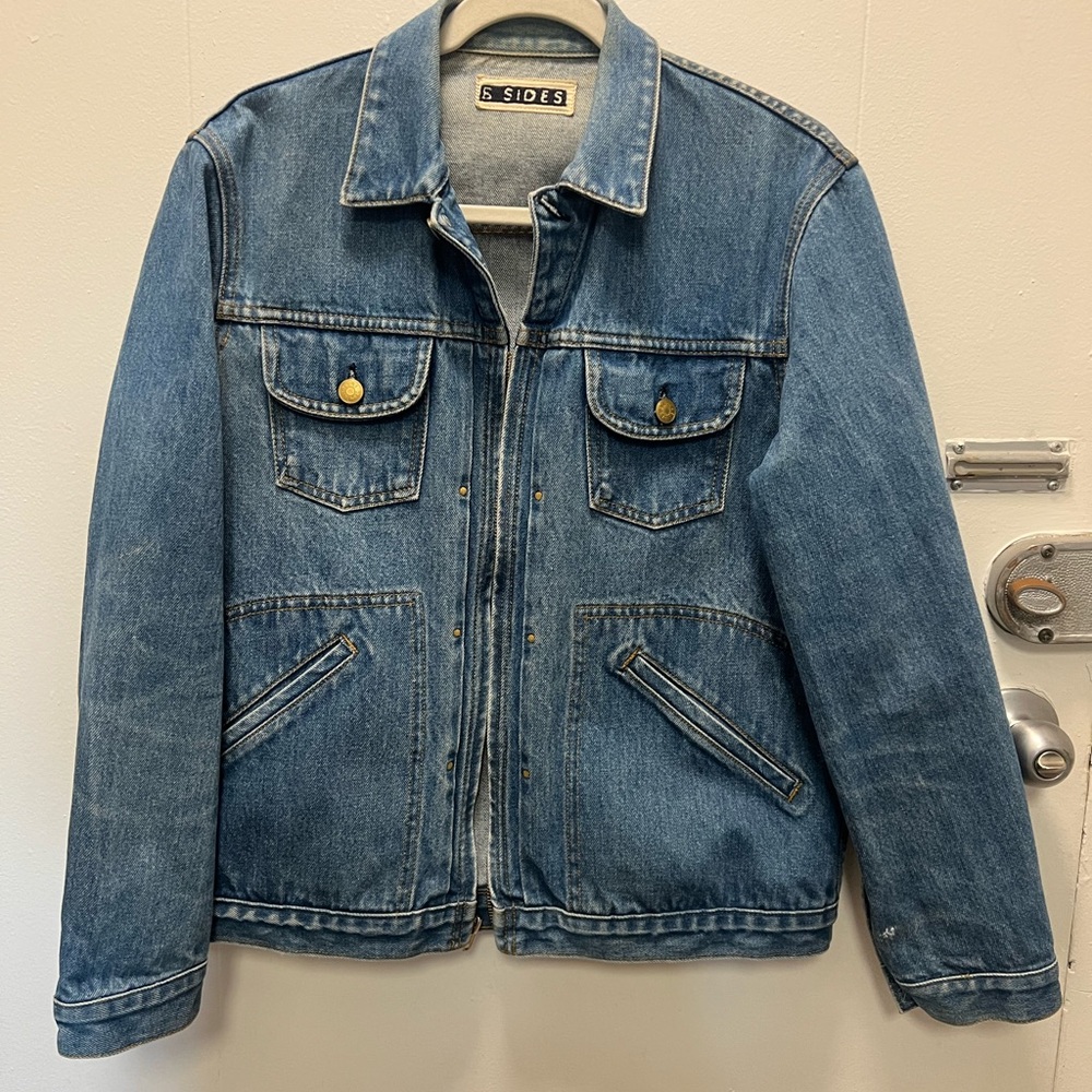 B SIDES Light Blue Denim Jacket with Gold Accents, zipper front. Size Small